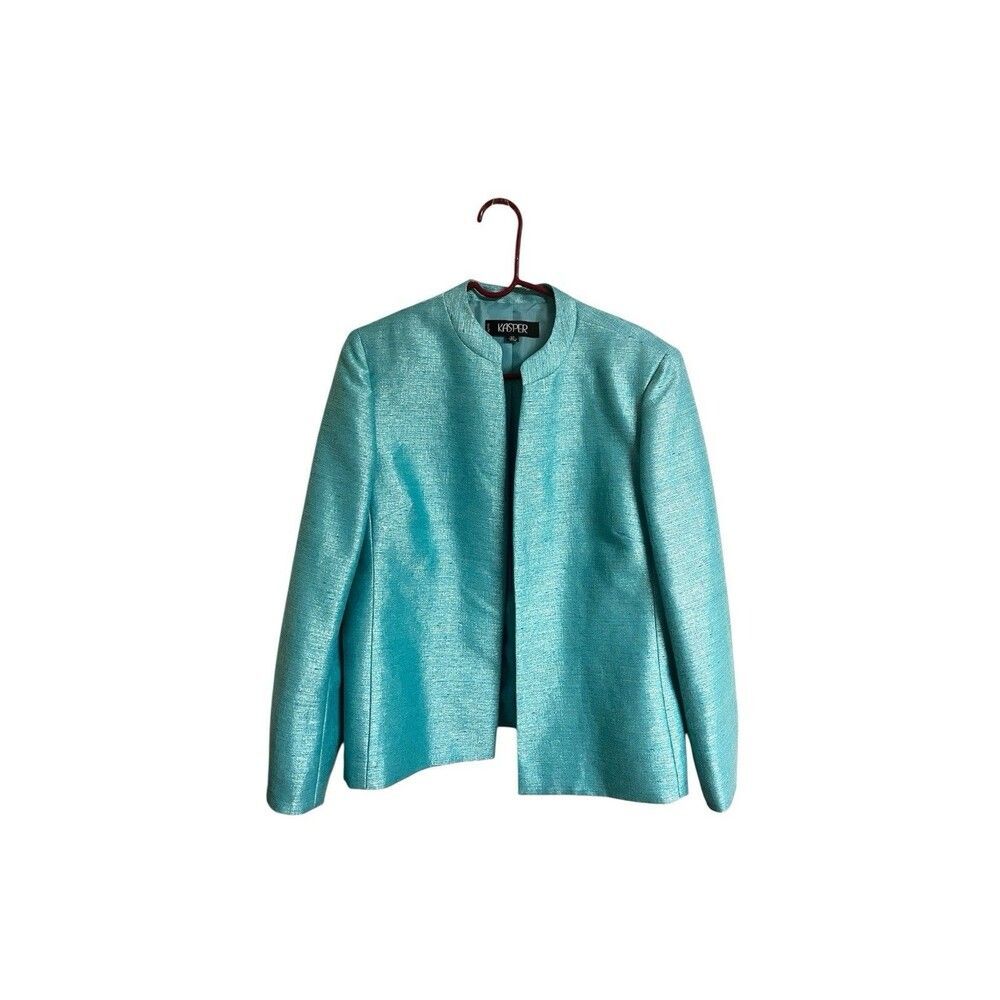 Kasper Women’s Blazer Jacket Teal Aqua Open Front Tweed Petite Sz 16 P